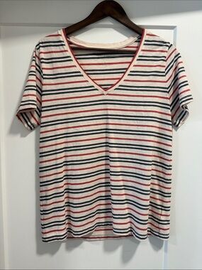 Lucky Brand Striped V-Neck Tee in Cream, Navy & Red